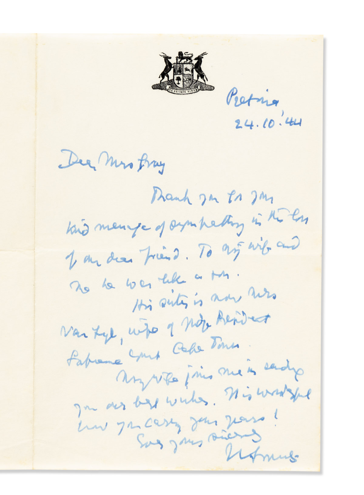 SMUTS, JAN CHRISTIAAN. Autograph Letter Signed, JCSmuts, as Prime Minister, to Dear Mrs. Gray,